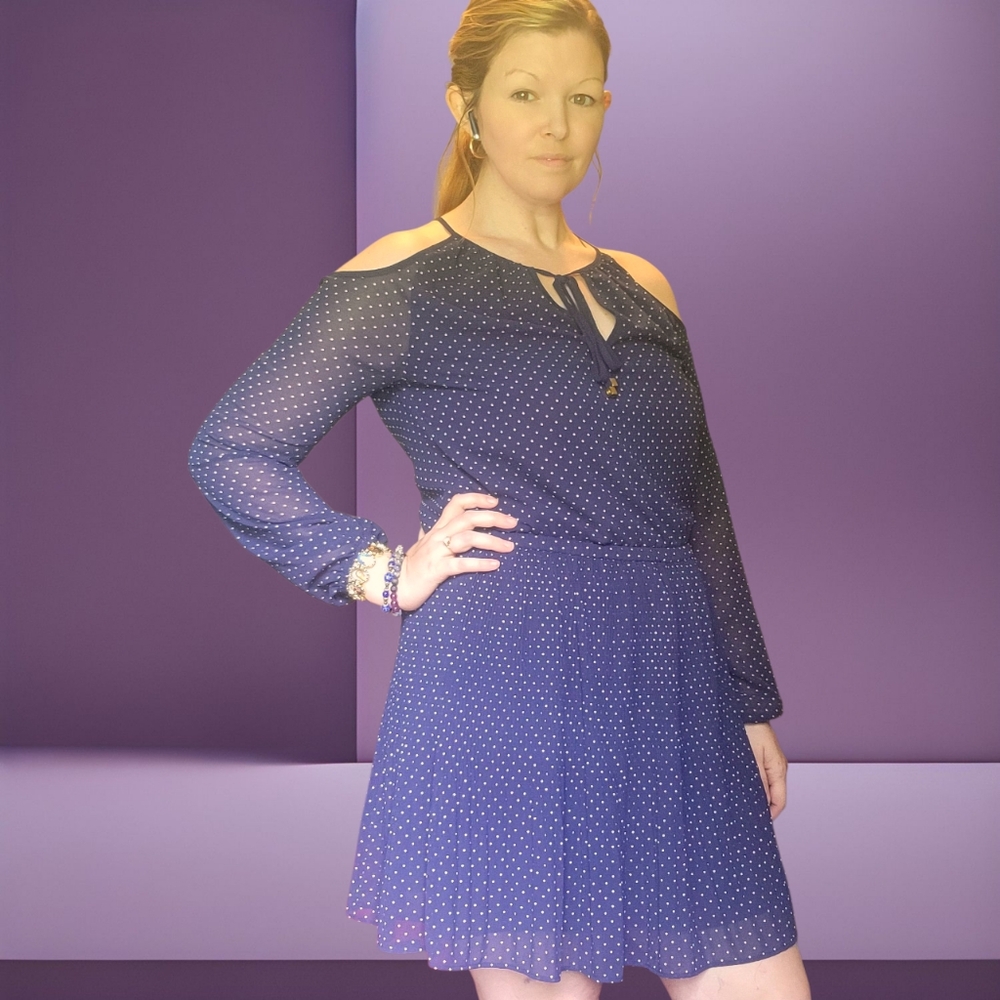 Michael Kors Navy Blue White Polka Dots Cold Shoulder Dress Size Medium